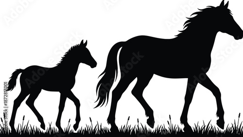 Horse and Foal Silhouette Walking Through Meadow Grass, Mare and Colt Equestrian Graphic, CAD Drawing Flat Vector Illustration for Farmhouse Sign Decor