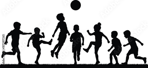 Silhouette of group of happy children playing soccer together on grass field outdoor, active kids jumping and kicking ball, flat vector illustration design