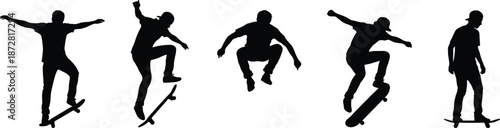 Silhouette of group of teenagers performing skateboard tricks and jumps, active young skaters collection, urban extreme sports flat vector illustration design, kids
