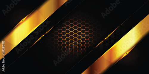 Abstract dark background with metallic gold accents and hexagonal pattern vector illustration.