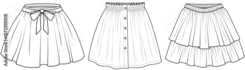 womens high waist casual short skirt flat sketch vector illustration technical cad drawing template