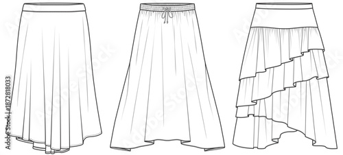 womens midi skirt flat sketch vector illustration cad drawing temple