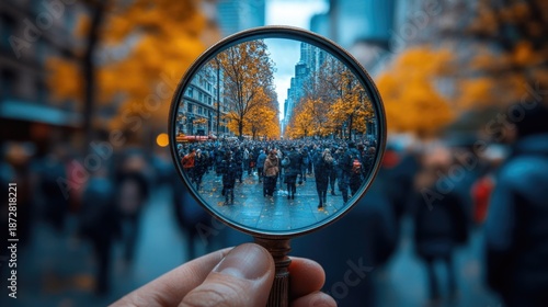 Magnifying glass focuses on a crowd, symbolizing customer behavior analysis