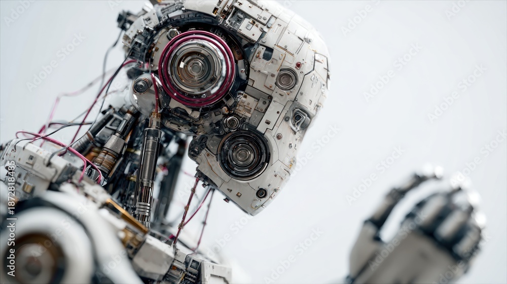 Fototapeta premium Close-up of a sophisticated humanoid robot head showcasing intricate mechanical and electronic