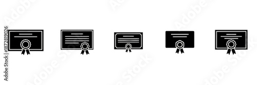 Vector image collection featuring five minimalist black icons of official degrees, certificates, and diplomas with seal stamps and ribbons to represent academic graduation, professional certification