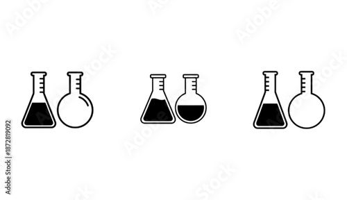 Vector image collection featuring 3 pairs of laboratory glassware icons, including Erlenmeyer flasks & Florence flasks with varying liquid levels represent chemistry, scientific experimentation