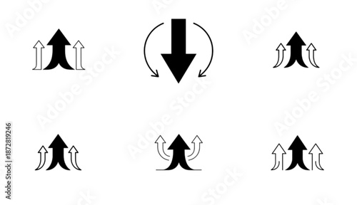 vector image collection featuring minimalist black and white arrow sets, depicting various directional trends such as upward convergence, downward central force, and branching growth