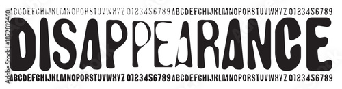 Set of simple rounded distorted font with letters of varying thickness on the theme of disappearance and manifestation. Set of letters and numbers of the latin alphabet. No AI used