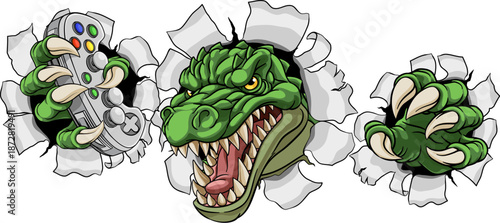 A crocodile, dinosaur or alligator lizard gamer sports video game gaming mascot holding a games controller