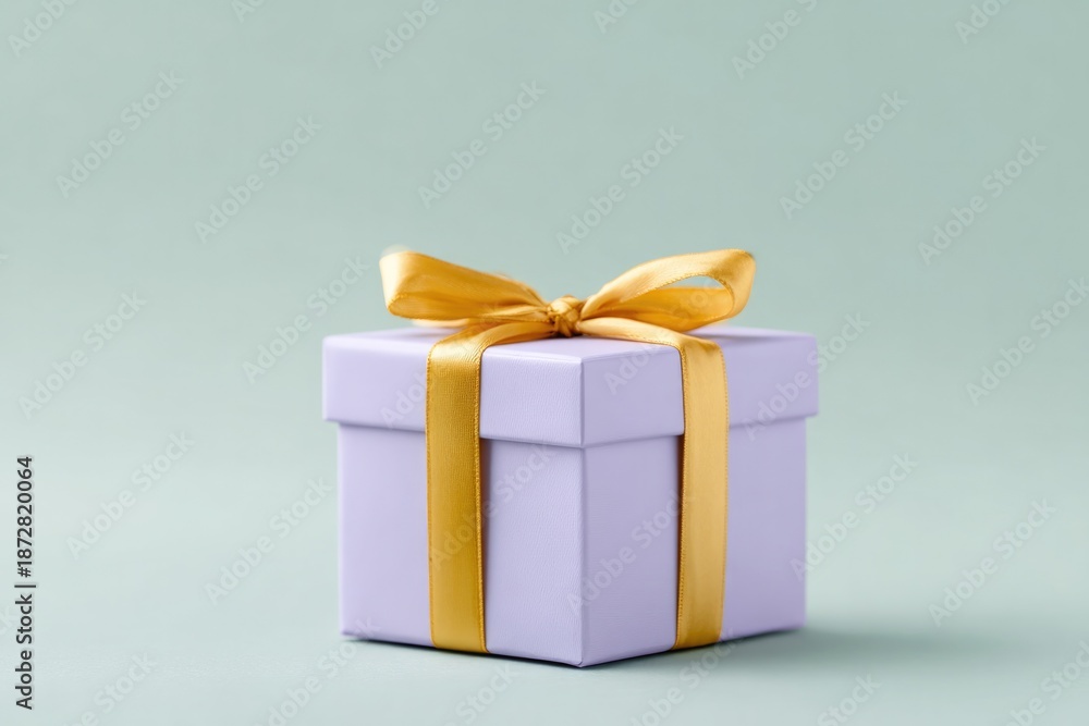 Obraz premium Lavender gift box adorned with bright yellow ribbon on soft back