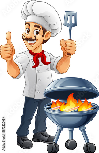 A chef cartoon barbecue cook out brazier cook man giving thumbs up and holding a BBQ spatula mascot character illustration