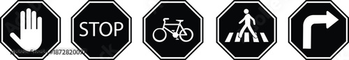 Traffic safety flat vector icon collection with stop and pedestrian signs