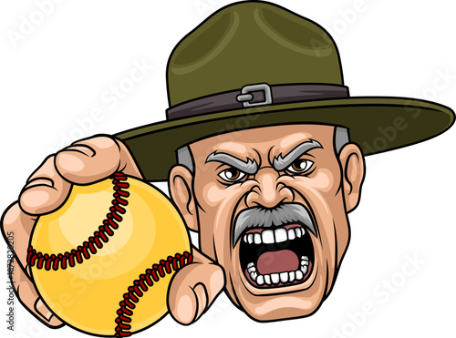 An angry drill instructor or sergeant bootcamp army soldier cartoon character holding softball ball sports team mascot illustration.