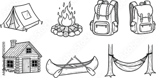 Camping and hiking themed vector illustrations set in simple outline