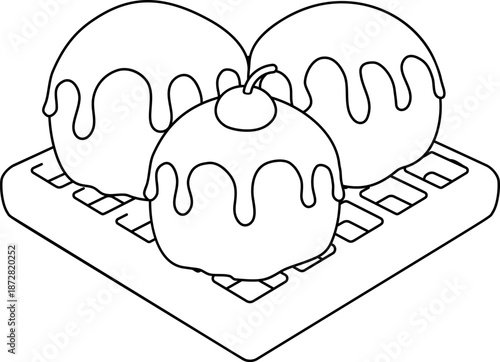 Illustration of ice cream scoops on waffle with chocolate sauce and cherry. Sweet dessert food image for cafe menus, dessert blogs, restaurant branding, packaging, posters and food design.