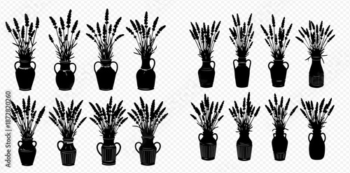 Silhouette Variety of Lavender Arrangements in Different Vases Collection Isolated on White Background for Graphic Design or Decoration Purposes