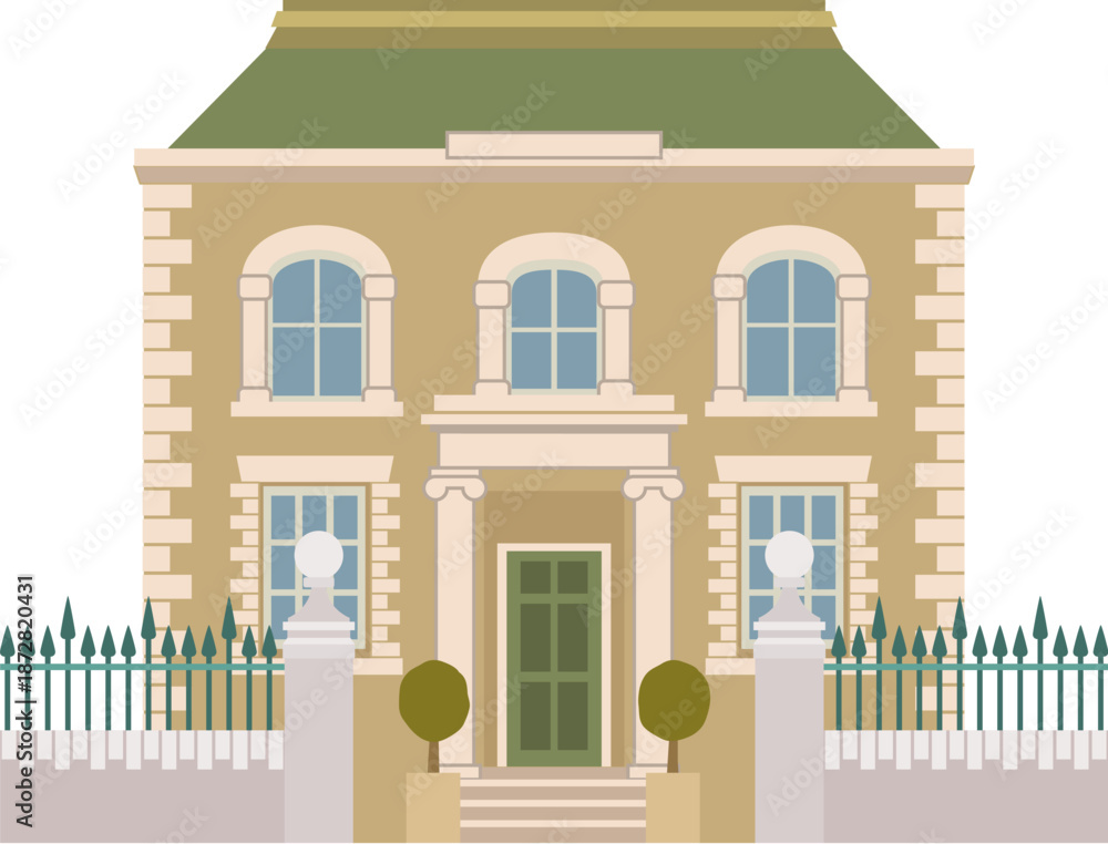 Obraz premium Victorian old English house building. Georgian mansion manor style homes. Vintage British architecture facade illustration.