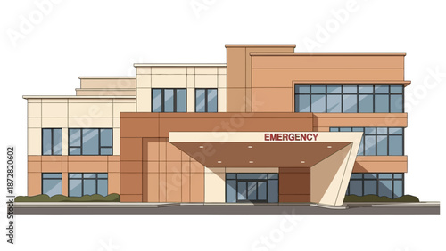 Modern hospital emergency entrance with tan and orange brick facade, glass canopy, and contemporary architecture.