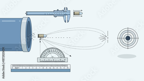 Technical illustration of laboratory instruments, measurement tools, and precision setup for experiments.