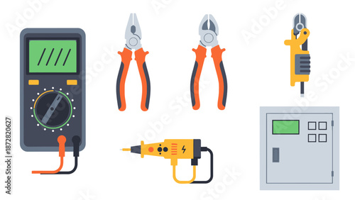 Assorted Electrical Tools and Measuring Instruments on Workbench for DIY Projects.