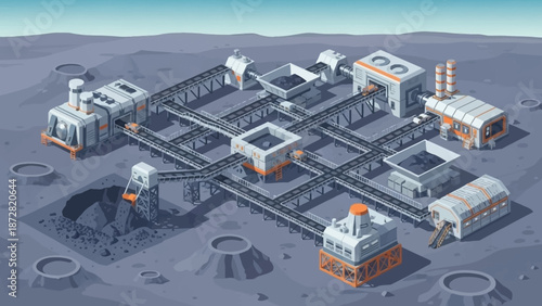 Moon base habitat with interconnected modules, rovers, and a lunar surface research complex.