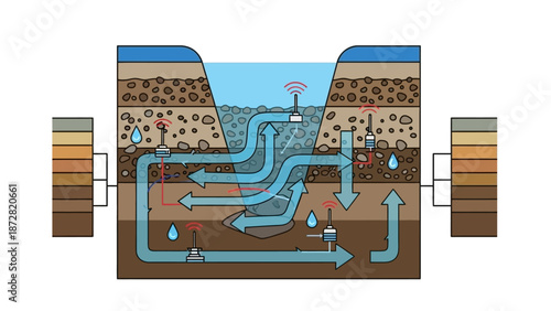 Cross Section of Geothermal Heat Exchange System with Fluid Circulation in Underground Pipes.