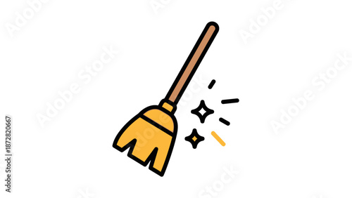 Cleaning illustration of a broom sweeping dust with sparkles.