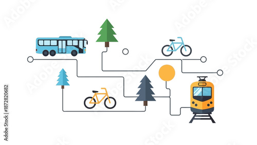 Colorful transport icons showing buses, bicycles, tram and trees in a playful urban scene.