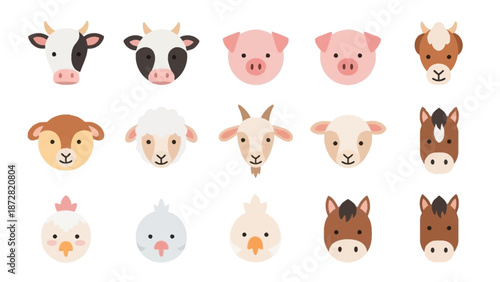 Collection of various cute animal face icons featuring farm and domestic species.