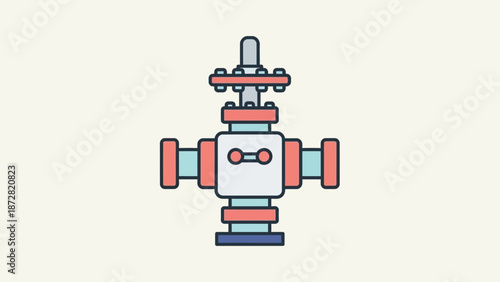 Illustration of a colorful industrial valve with pipes and fittings in a clean background.