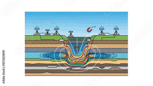 Educational cross section illustration of groundwater flow through soil and rock layers with surface features.