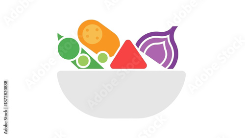 Colorful assortment of vegetables and fruits in a white bowl illustration.