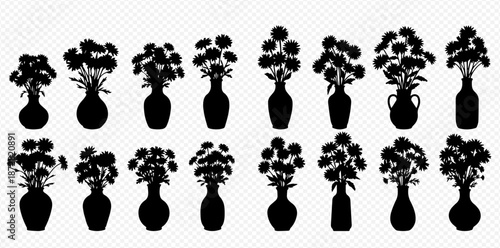 Assortment of Black Silhouette Flower Arrangements in Decorative Vases Offering a Variety of Floral Design Elements and Vase Styles for Creative
