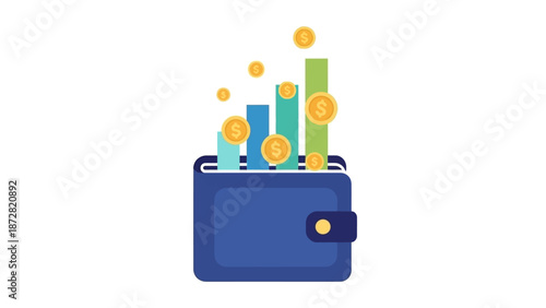 Colorful Wallet with Cash and Coins Illustration for Financial Concept.