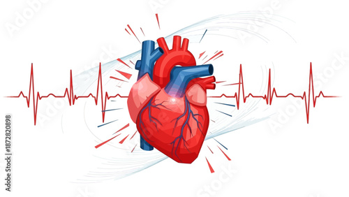 Vibrant anatomical heart illustration with heartbeat rhythm and dynamic radiating lines.