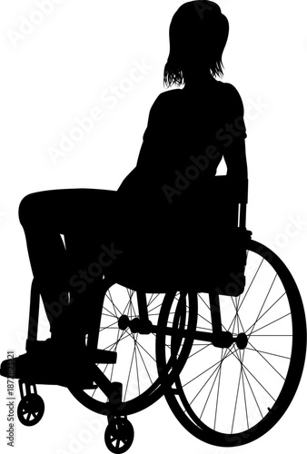 Silhouette of a woman sitting in a wheelchair with a relaxed posture, one arm resting on the side and head slightly tilted.