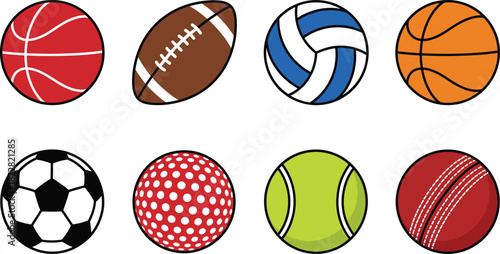 Vector Illustration Collection of Various Sports Balls Including Basketball American Football Volleyball Soccer Ball Golf Tennis and Cricket Ball Isolated on White Background