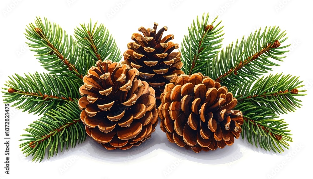 Fototapeta premium Close-up studio shot of three brown pine cones with textured surfaces, complemented by vibrant green fir branches, set against a white background