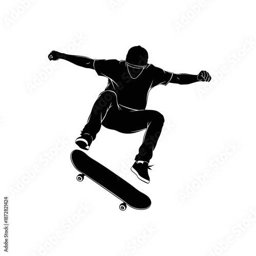 A silhouette of a skateboarder performing an aerial trick in mid air