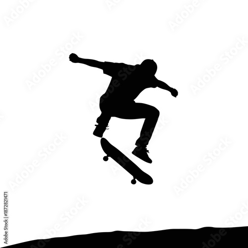 A silhouetted skateboarder performing an aerial trick against a white background