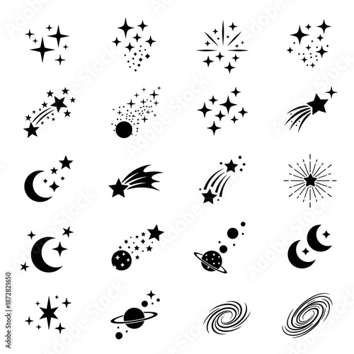 Collection of celestial icons stars planets moons and galactic elements
