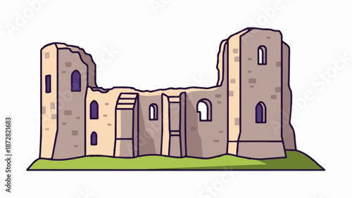 An illustration of a stone castle ruin with arched windows and a grassy mound