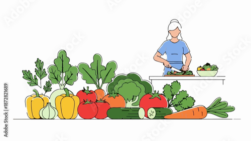 An illustration of a person preparing a fresh salad with a colorful assortment of healthy vegetables