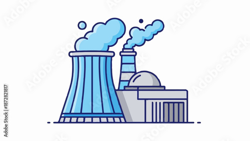 An industrial plant with a large cooling tower and a dome-shaped building, emitting blue steam