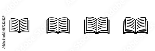 A minimalist black and white vector image showcasing a progressive sequence of four open book icons in varying sizes to represent learning, education, and knowledge growth