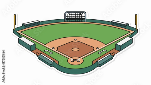 An isometric illustration of a baseball field with green outfield, brown infield, and dugouts