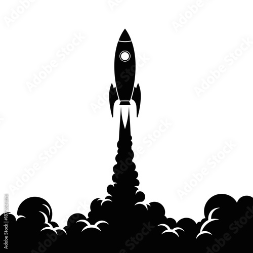 A simplified black silhouette of a rocket launching with fiery exhaust