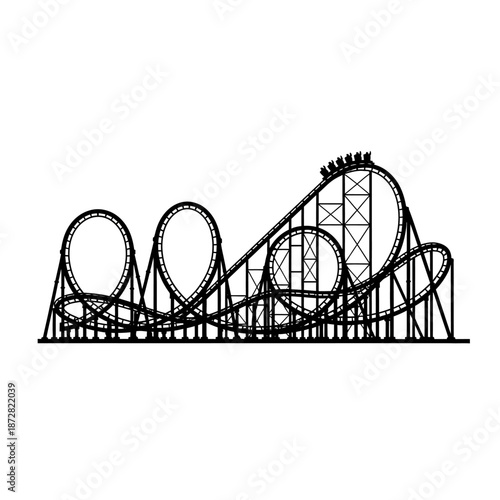 Black and white line art illustration of a thrilling rollercoaster structure
