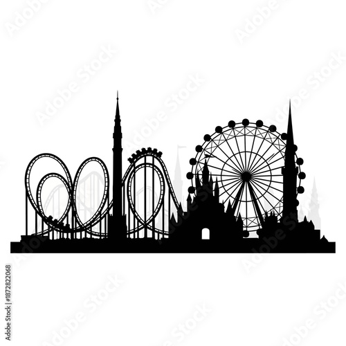 Silhouette of an amusement park skyline with a ferris wheel and roller coaster