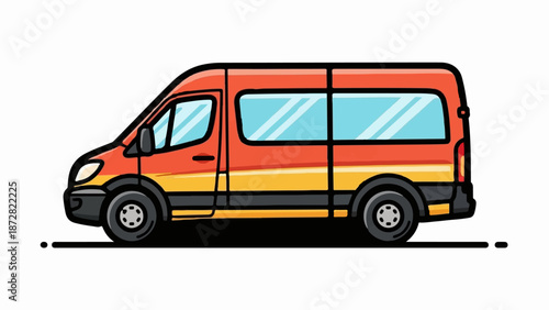 Cartoon side view of a red and yellow van with blue windows and black wheels